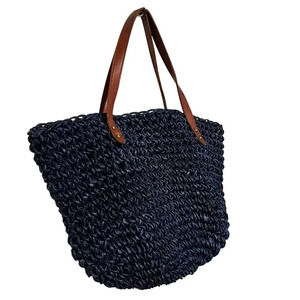 J. Jill Large Blue Woven Straw Hobo Handbag with‎ Brown Leather Straps